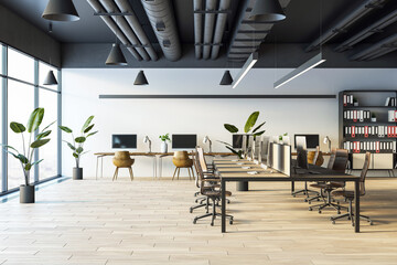 Modern office interior with desks, computers, chairs, and plants, large windows, and bright lighting in a corporate workspace. 3D Rendering
