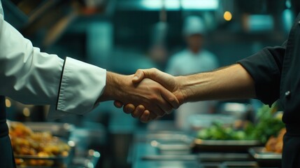 Close-up of a handshake between a chef and a restaurant owner in a busy kitchen environment