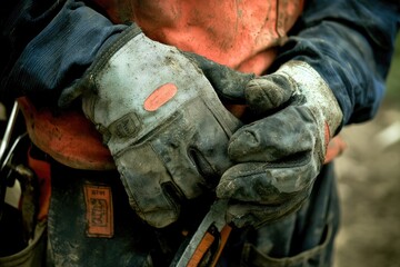 A close-up of a worker wearing safety gloves and holding industrial tools.