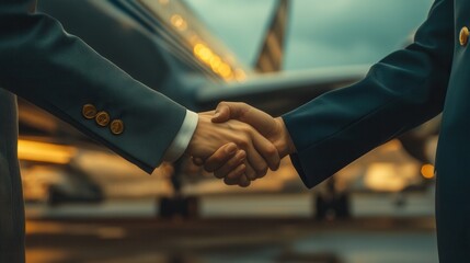 Close-up handshake between a pilot and cabin crew before an evening flight at the airport