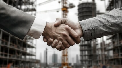 Engineers seal deal with a handshake at a construction site filled with cranes and scaffolding
