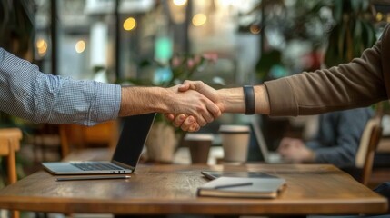 Colleagues shake hands in a cozy coffee shop with laptops and a friendly atmosphere