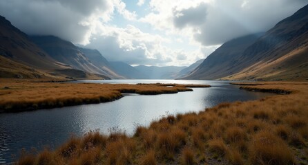Calm waters and mist over Loch Ness, Scotland, surrounded by green hills and cloudy skies, creating a mysterious, atmospheric scene in the Scottish Highlands.