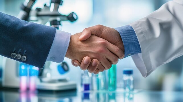 Doctor and medical researcher shake hands in laboratory setting with scientific equipment present