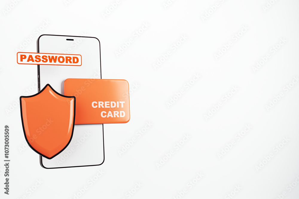 Poster credit card security concept with shield icon. 3d rendering