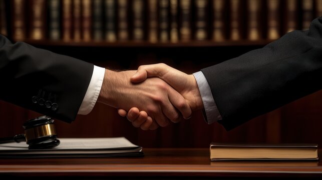 A lawyer and client shake hands after a successful consultation in a law office