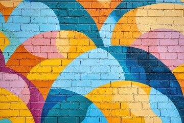 A colorful urban street art mural on a brick wall with graffiti-style elements.