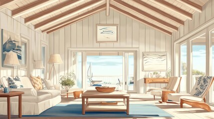 A bright and airy living room with a view of the ocean through large windows, decorated with nautical themed decor.
