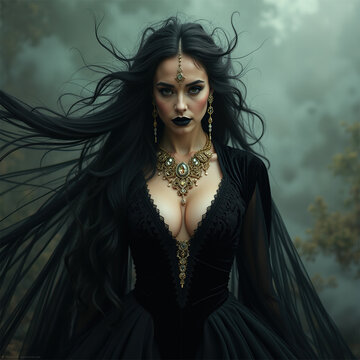 Dark Queen of the enchanted forest. A captivating portrait of a woman embodying a gothic dark queen or sorceress.