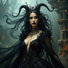 Dark Queen of the enchanted forest. A captivating portrait of a woman embodying a gothic dark queen or sorceress.