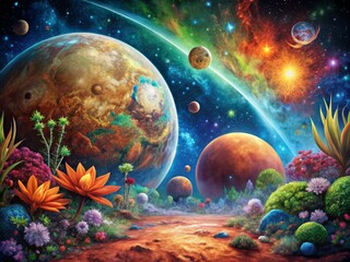 Stunning Portrait of Mars and the Moon from Outer Space Showcasing Life Forms in a Vibrant Cosmic Landscape Filled with Colorful Flora and Fauna, Capturing the Essence of Extraterrestrial Beauty