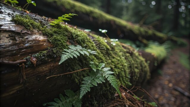 A fallen log, covered in vibrant moss, sits amidst the lush greenery of the forest floor, with delicate ferns reaching towards the sun.