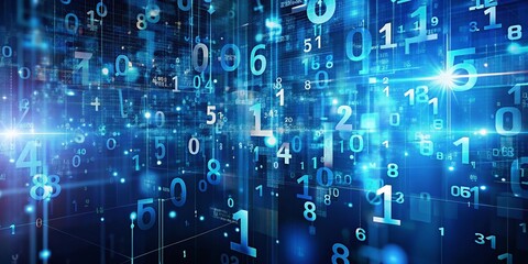 Obraz premium Abstract Digital Data Representation with Floating Numbers in Blue Tone, Illustrating Modern Technology and Information Flow in a Futuristic Style