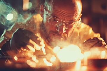 A research scientist wearing protective glasses and gloves, conducting experiments.