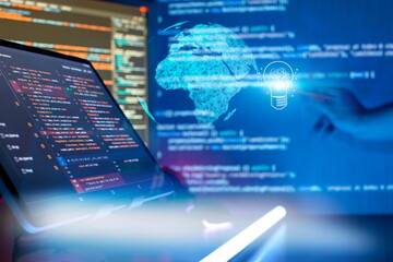 Project managers work new idea. Mobile app developer. Innovative startup project. Website programming code