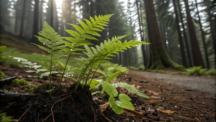 A single fern thrives in a shadowy forest, its lush green fronds illuminated by a ray of sunlight, a testament to resilience and the beauty of nature's subtle details.