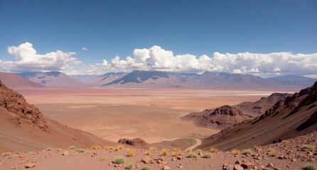 Fototapeta premium Atacama Desert, Chile, arid desert landscape with vast salt flats and distant mountains under a clear sky, showcasing the stark beauty of one of the world’s driest places.
