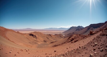 Naklejka premium Atacama Desert, Chile, arid desert landscape with vast salt flats and distant mountains under a clear sky, showcasing the stark beauty of one of the world’s driest places.