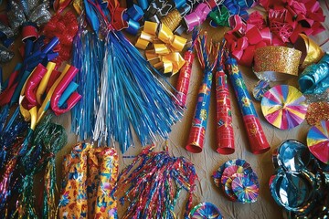 Obraz premium A close-up of party hats, noisemakers, and streamers set out for a New Year celebration.