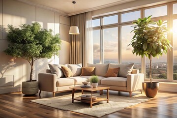 Fototapeta premium Stylish Minimalist Living Room with Natural Light, Beige Sofa, Decorative Tree, and Clean Lines for Modern Interior Design Inspiration