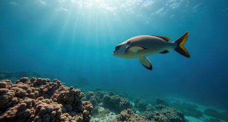 Fototapeta premium Colorful coral reefs and marine life in the Great Barrier Reef, Australia, captured underwater with natural light, showcasing vibrant biodiversity in a pristine ocean setting.
