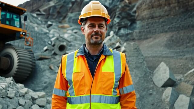 Professional mining engineer supervising heavy machinery at a mine.