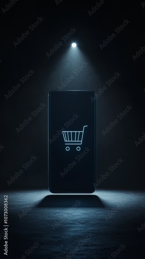 Poster smartphone displaying a shopping cart icon is illuminated by a spotlight in a dark environment, symb
