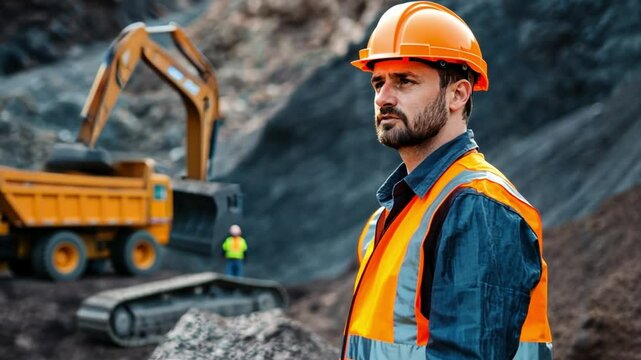 Professional mining engineer supervising heavy machinery at a mine.