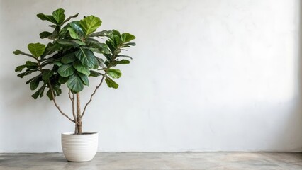 Fototapeta premium A potted fiddle leaf fig plant with large, lush green leaves standing against a white wall, illuminated by natural light, adding a touch of greenery to the minimalist interior space