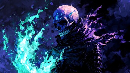 Dark Sorcerer's Flaming Skull in Shadowy Mystical Setting