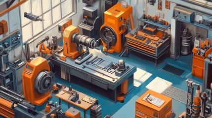 Fototapeta premium An isometric illustration of a workshop with various tools and equipment.