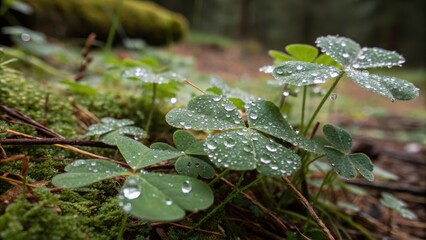 Dew Drops Sparkling on Clover Leaves in a Lush Forest