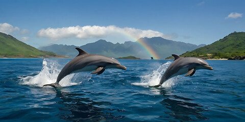 Obraz premium dolphins jumping out of the sea in beautiful island, created by Generative AI