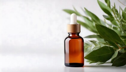 Amber Glass Dropper Bottle with White Pipette Surrounded by Fresh Green Leaves on Soft Background for Natural Oil or Herbal Essence Highlights