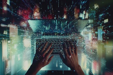 A person typing on a laptop with digital technology patterns surrounding the workspace.