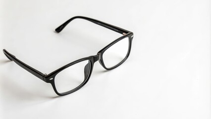 A pair of classic black eyeglasses with clear lenses, lying flat on a white background.  The glasses are angled to the right and have a simple, timeless design.
