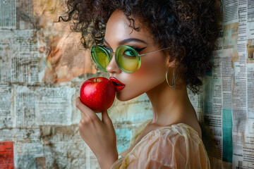 Portrait of a beautiful young brunette woman with a ripe and juicy red apple in her hands against a background of newspaper and magazine clippings