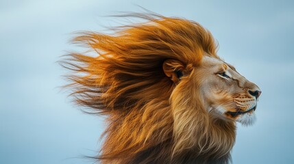 Naklejka premium A close-up view of a lion's majestic mane blowing in the breeze during the golden hour