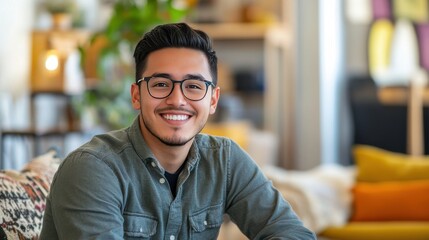 Obraz premium Smiling Young Man in Casual Attire Posing in a Cozy Living Room Setting