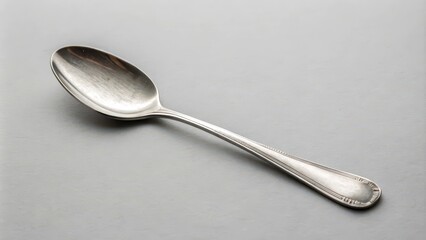 A single, polished silver spoon resting on a gray background, ready to be used for serving or eating.