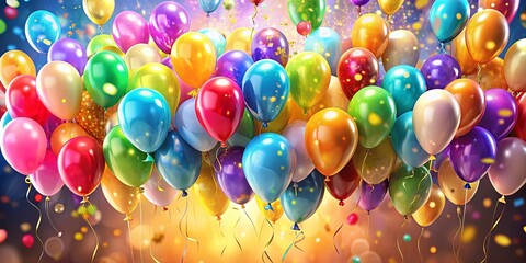 A joyful cascade of vibrant balloons with shimmering confetti and ribbons, symbolizing celebration and festive delight
