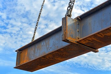 A heavy-duty industrial crane lifting steel beams at a construction site.