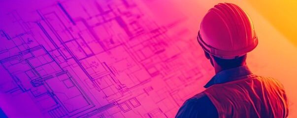 Construction Worker Overseeing Blueprint Project with Focused Attention and Detail in a Vibrant Environment