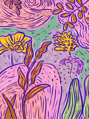 Aesthetic plants, flowers and floral doodle hand drawn vector illustration background. Tropical abstract design for cards, poster, banner, decoration art.