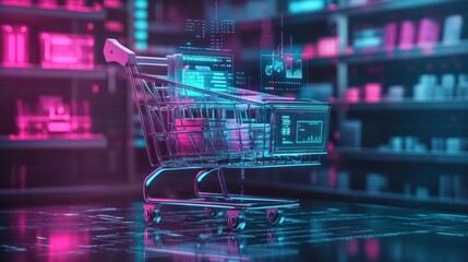 E-commerce Metrics Futuristic Background for Online Retail Analytics. Dynamic data visualization, charts, and graphs presenting insights into digital commerce trends and performance.