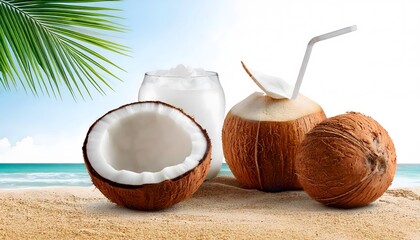Fresh Coconuts on a Tropical Beach with Creamy Coconut Water and Green Palm Leaves Under a Bright Sky for Summer Vacation Vibes and Refreshing Drinks