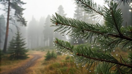 A lone pine branch adorned with glistening raindrops, the delicate beauty of nature's ephemeral moments, framed by a hazy forest background