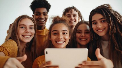 Obraz premium A group of young people are smiling and holding a tablet