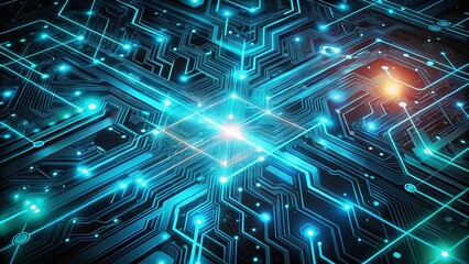 A luminous network of pathways and circuits, glowing with vibrant blue light, interconnecting across a complex technological landscape.
