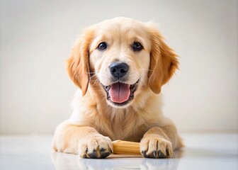 Adorable Golden Retriever Puppy Playfully Chewing on a Bone Against a Clean White Background for Stock Photography Needs